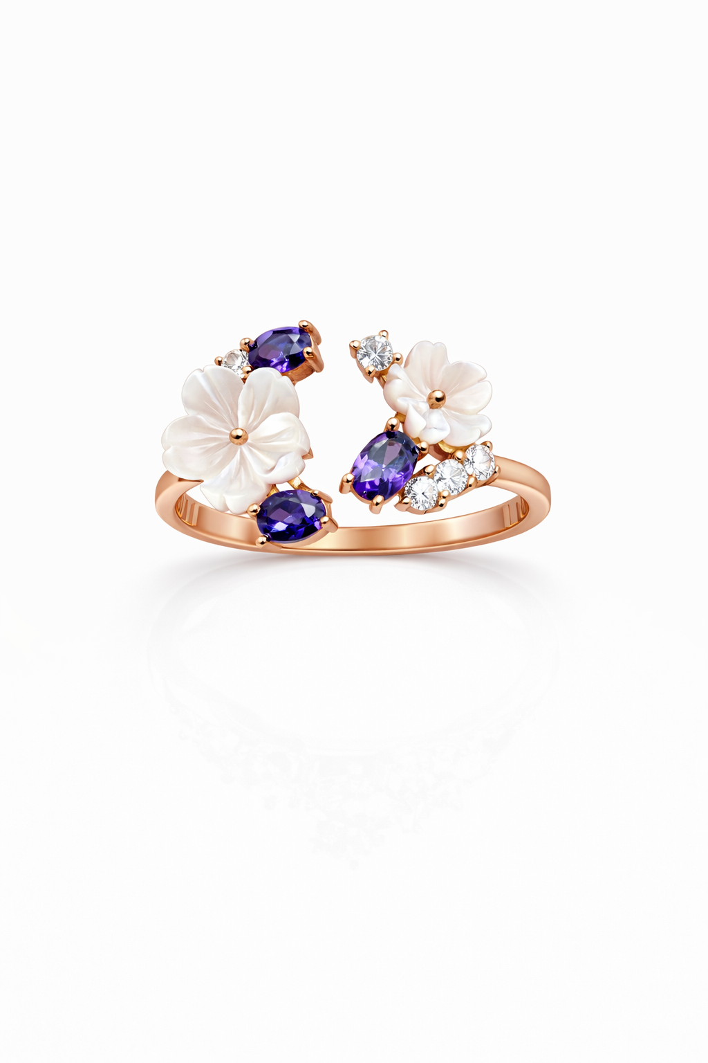 Twin Amethyst Blossom Rose 925 Silver Ring