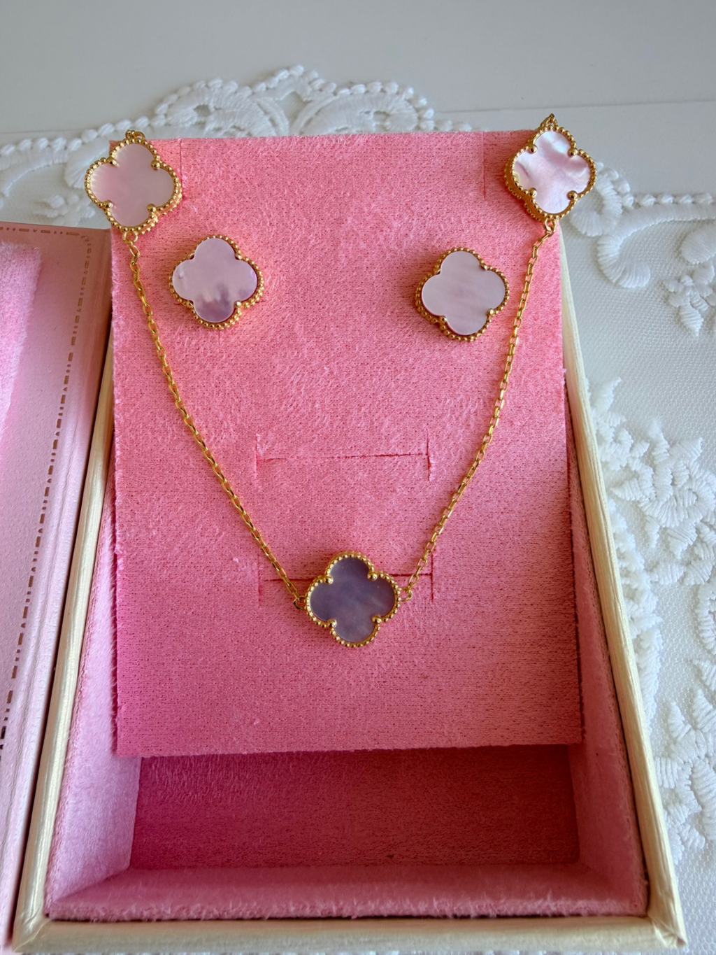 Pink Quartz Clover Set 925 Sterling Silver 14k Gold Plated
