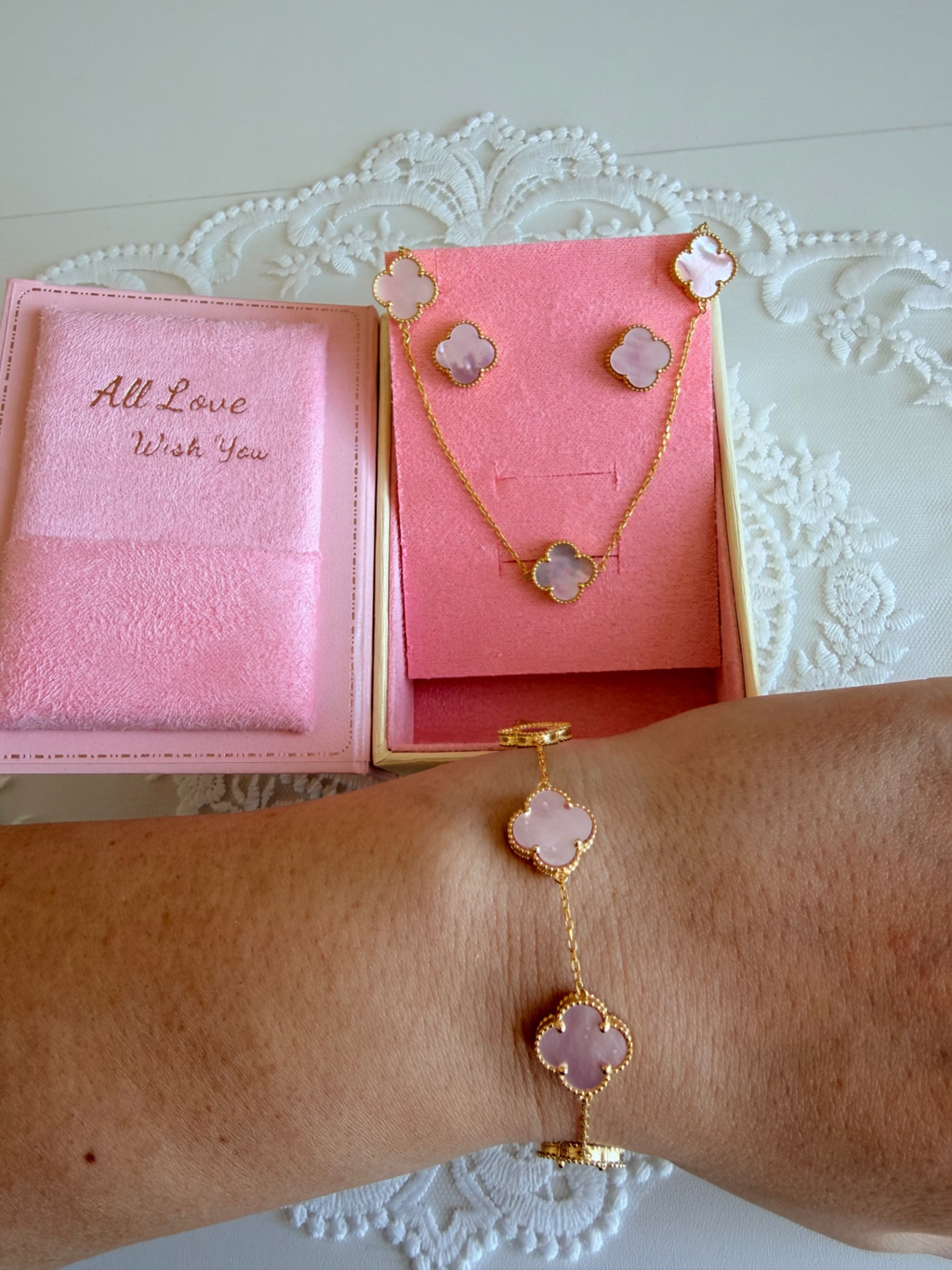 Pink Quartz Clover Set 925 Sterling Silver 14k Gold Plated