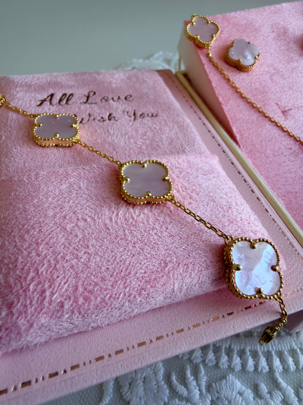 Pink Quartz Clover Set 925 Sterling Silver 14k Gold Plated