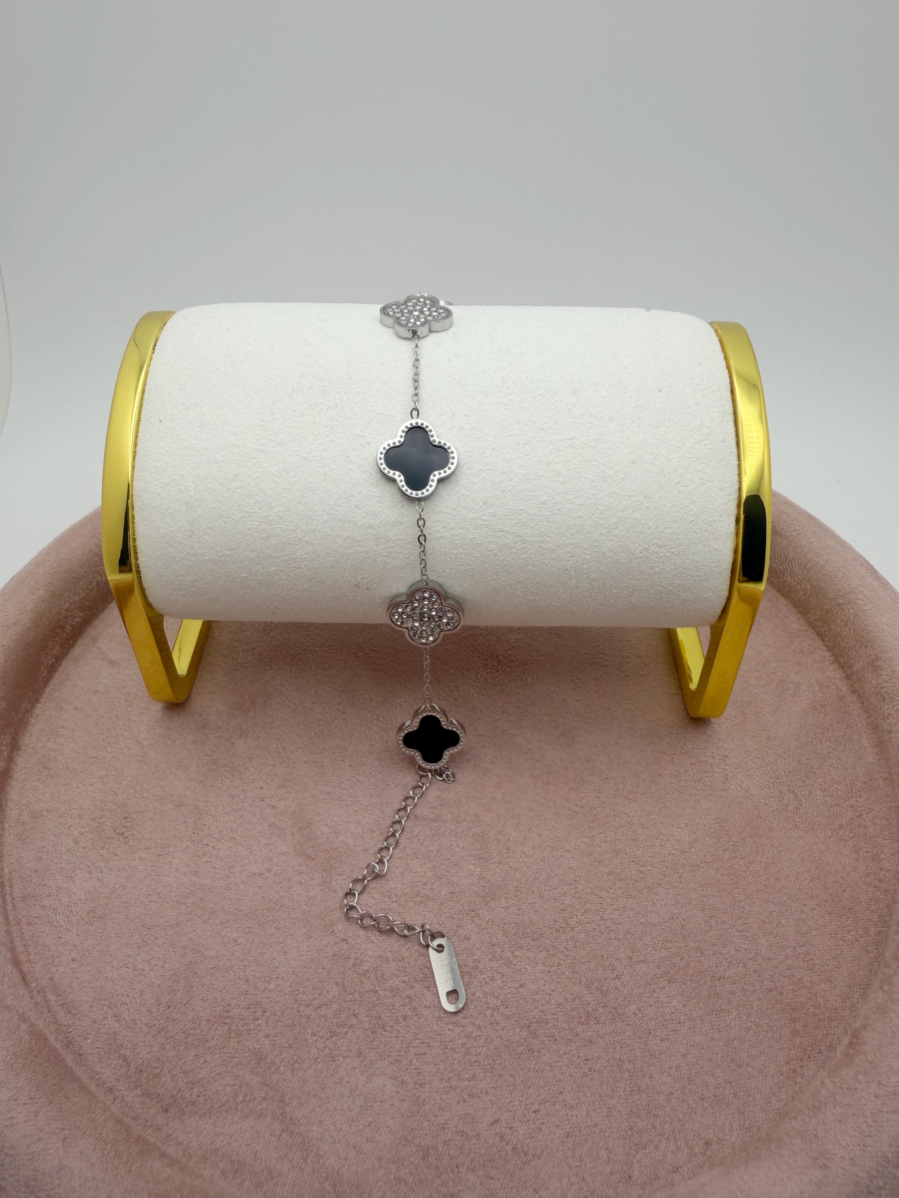 Leaf Shiny Black Silver Stainless Steel 18k Bracelet