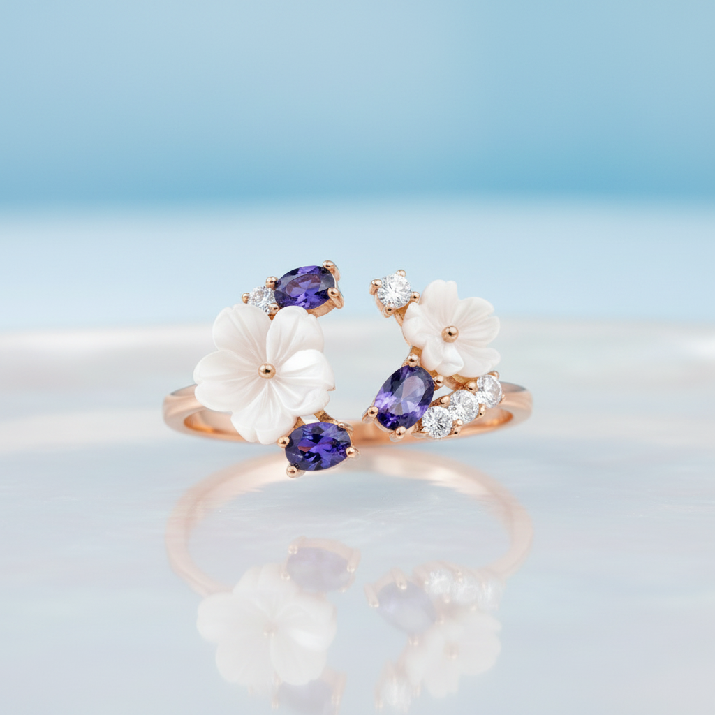 Twin Amethyst Blossom Rose 925 Silver Ring