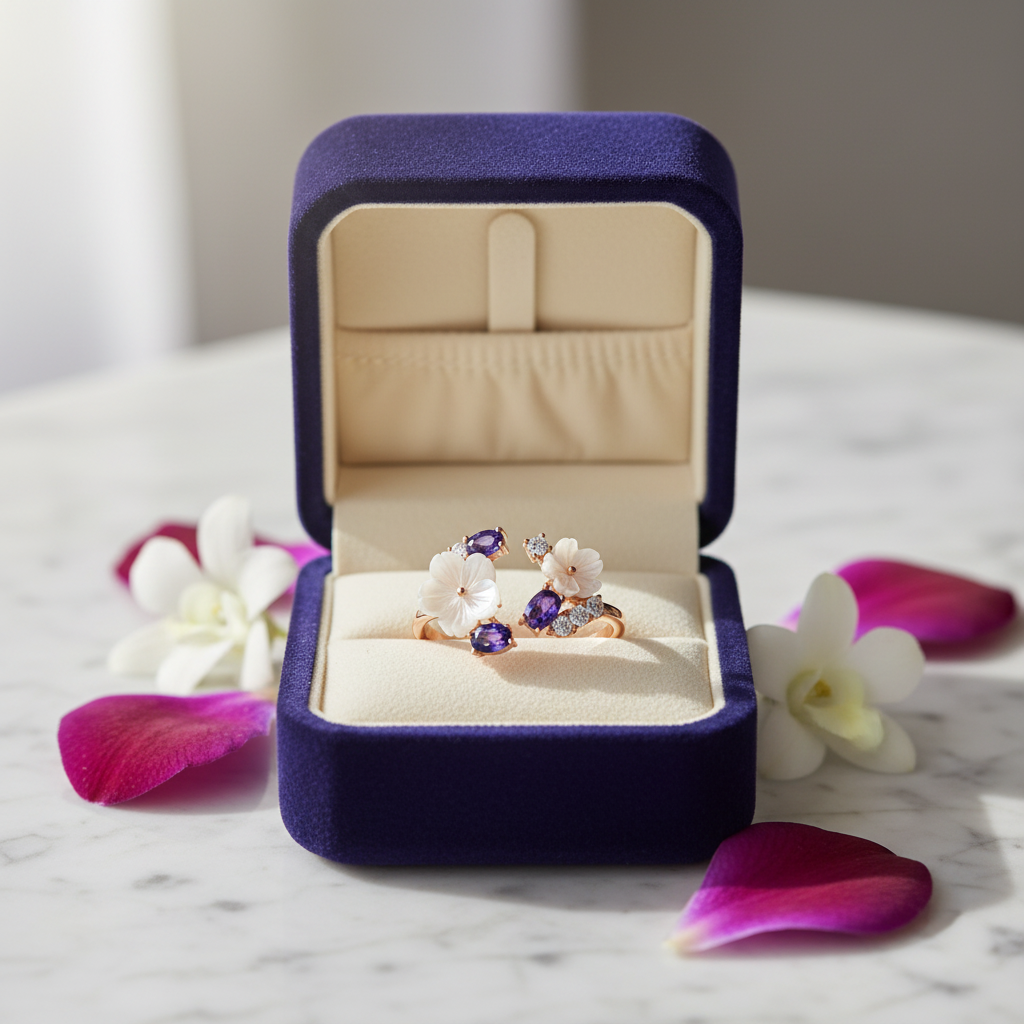 Twin Amethyst Blossom Rose 925 Silver Ring