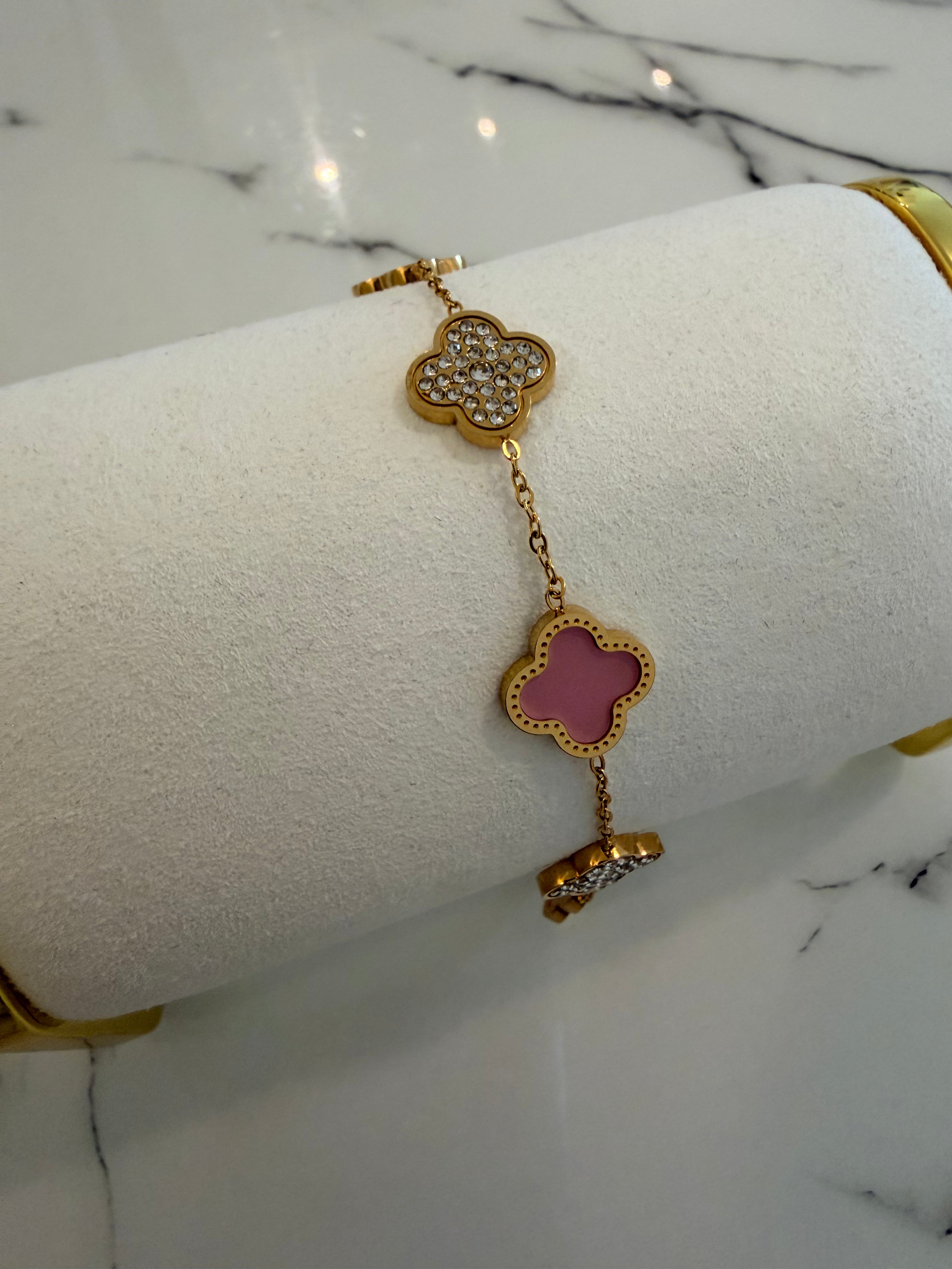 Leaf Diamond&Powder Stainless Steel 18k Bracelet