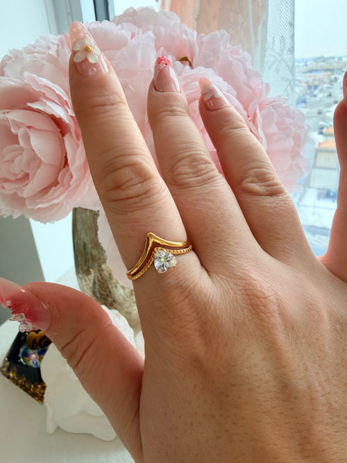 Hand wearing a gold ring with a diamond, in front of pink flowers.