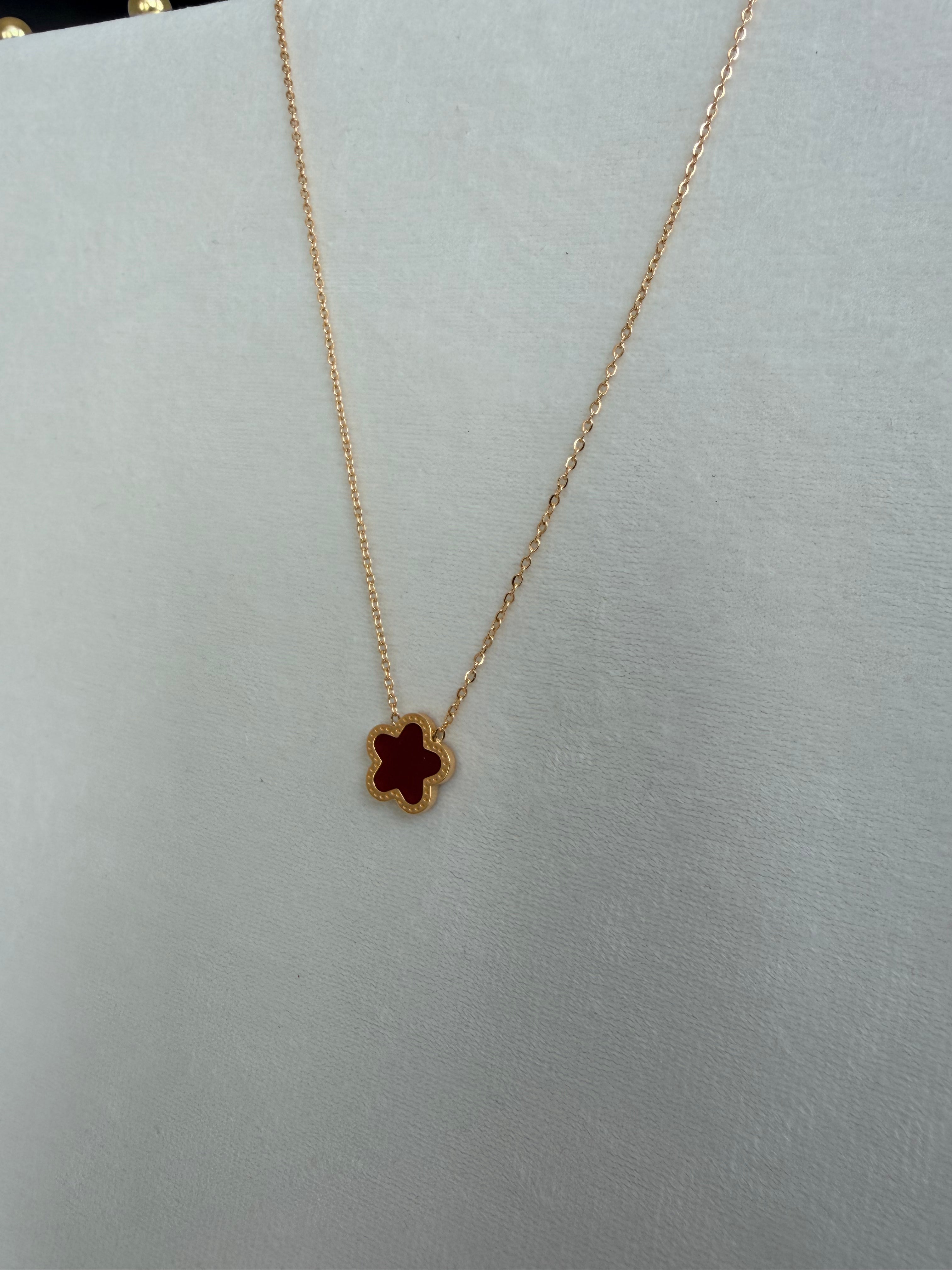Dark Red Clover Necklace Stainless Steel