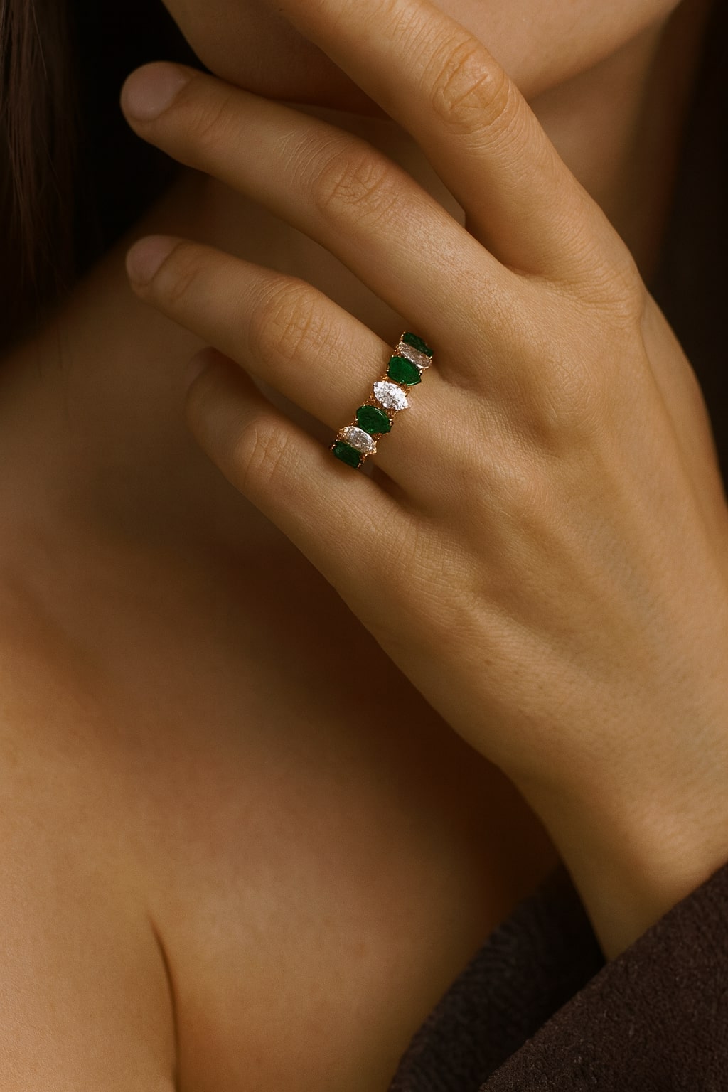 Stainless Steel Diamond & Emerald Open Ring
