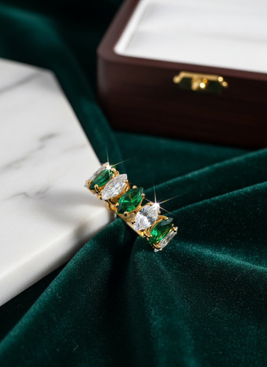 Stainless Steel Diamond & Emerald Open Ring in elegant setting